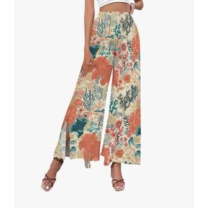 Tropical flowy Wide Leg Pants High Waist Split Thigh Beach Boho floral y2k Pink